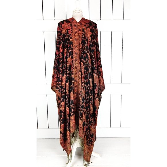 Maxi black orange paisley floral silk pashmina kimono cover up jacket one size - Picture 2 of 4